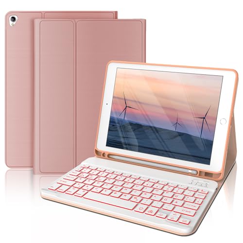 FOGARI Tastatur Hülle für iPad 6. Generation 9.7'' - Tastatur für iPad 5. Generation 2017/iPad Pro 9.7/iPad Air 2-7 Farbige Beleuchtung QWERTZ Deutsches Tastatur mit PU Leder Schützhülle, Roségold von FOGARI