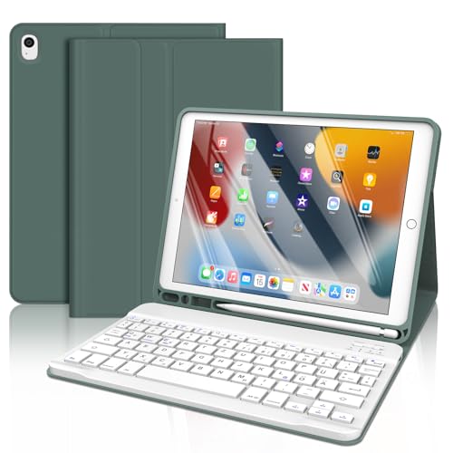 FOGARI Tastatur Hülle für iPad 9. Generation - Tastatur Hülle für iPad 10.2 Zoll, Deutsches QWERTZ Kabellos Abnehmbare Tastatur, Schutzhülle mit Pencil Halter für iPad 9/8/7. Generation, Dunkelgrün von FOGARI