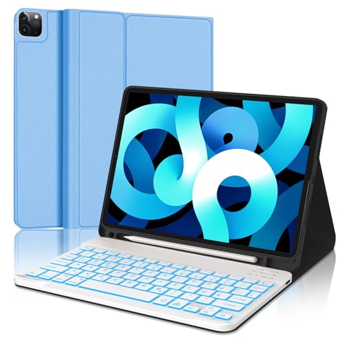 FOGARI Tastatur Hülle für iPad Pro 11 - Tastatur für iPad Air 5/Air 4 10.9'' - Abnehmbare Tastatur mit 7-Farben-Hintergrundbeleuchtung, QWERTZ Layout für iPad Pro 11 4./3./2./1 Gen, Eisblau von FOGARI