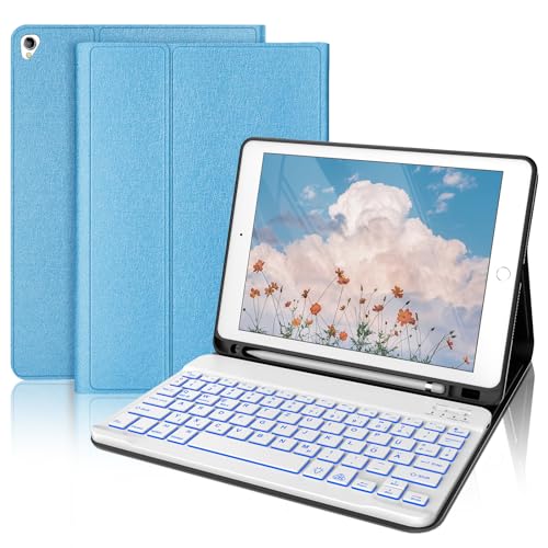 FOGARI Tastatur für iPad 6. Generation - Tastatur für iPad 5. Generation QWERTZ Deutsches Abnehmbar 7-Farbige Beleuchtung Tastatur Schutzhülle mit Pencil Halter für iPad Pro 9.7, Eisblau von FOGARI