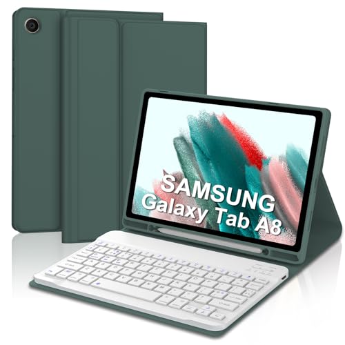 FOGARI Tastaturhülle für Samsung Galaxy Tab A8 10,5 Zoll 2022 – UK-Layout, abnehmbare BT-Tastatur für Galaxy Tablet A8 SM-X200/X205/X207, Dunkelgrün – weiße Taste, FG-8AF von FOGARI