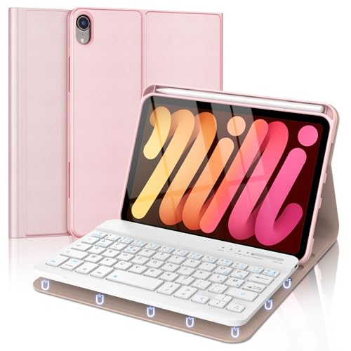 FOGARI Tastaturhülle für iPad Mini 7 (A17 Pro) 2024 / Mini 6 2021, französische AZERTY-Tastatur, abnehmbar, kabellose Bluetooth-Tastatur für iPad Mini 7/6 8,3 Zoll, Rosa von FOGARI