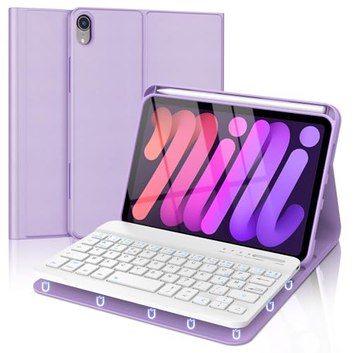 FOGARI Tastaturhülle für iPad Mini 7 (A17 Pro) 2024 / Mini 6 2021, französische AZERTY-Tastatur, abnehmbar, kabellose Bluetooth-Tastatur für iPad Mini 7/6 8,3 Zoll, Violett von FOGARI