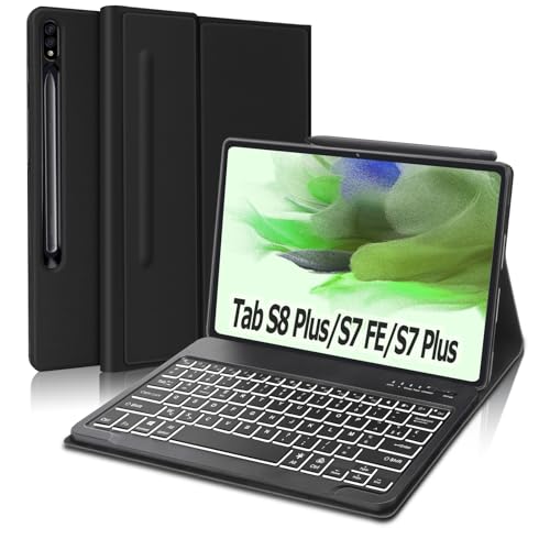 FR Version AZERTY Tastatur mit Schutzhülle für Samsung Galaxy Tab S8 Plus/S7 FE/S7 Plus 12.4 Zoll, Fogari RGB Hintergrundbeleuchtung, abnehmbar, Bluetooth-Tastatur, intelligente Schutzhülle, Schwarz von FOGARI