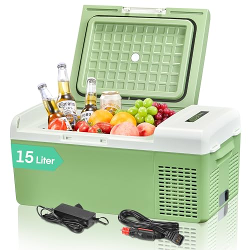 FOHERE Kompressor Kühlbox, 15L Auto Kühlschrank und Gefrierschrank,Tragbarer Mini Kühlschrank (-20℃~20℃) mit 12/24V DC & 220-240V AC für Auto, RV, LKW, Van, Boot für Camping, Reisen, Angeln, Grün von FOHERE