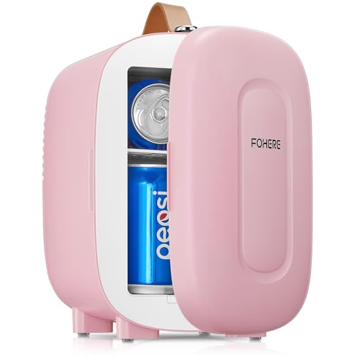FOHERE Mini Kühlschrank, 5 Liter Mini-Kühlschränke für Kosmetik, Getränke, Zusätzliche USB-Stromversorgung, 220V AC/ 12V DC, Kleiner Kühlschrank für Schlafzimmer, Büro, Wohnheim, Auto (Rosa) von FOHERE