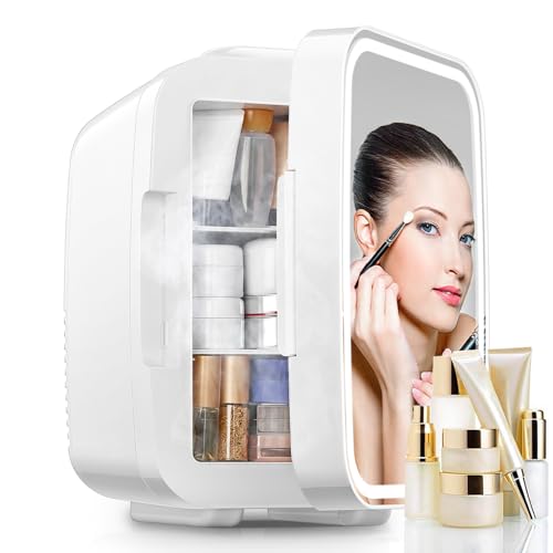 FOHERE 5L Mini Kühlschrank mit LED LICHT Spiegel,220V AC, Getränkekühlschrank, Kleine Skincare Fridge Kühl/Heizfunktion für Schlaf & Wohnzimmer, Büro Schreibtisch,Weiß von FOHERE
