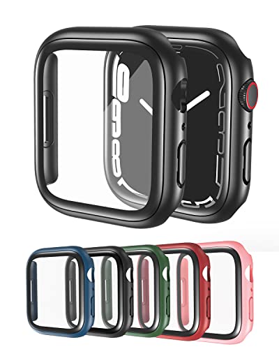 Schwarze Hartschale mit Displayschutz aus gehärtetem Glas, transparente Hülle, ultradünn, stoßfest, Gesamtschutz, kompatibel mit Apple Watch Serie 7, iWatch 3D-Glashülle, 2 Stück, 45 mm von FOINNEX