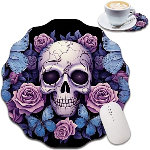 Personalisiertes Spitzenförmiges Mauspad und Untersetzer-Set, wasserdichtes und rutschfestes Mauspad-Design, geeignet für Heim- und Büro-Desktop-Dekoration, Totenkopf-Schmetterlings-Rosen Personalisiertes Spitzenförmiges Mauspad und Untersetzer-Set, wasserdichtes und rutschfestes Mauspad-Design, geeignet für Heim- und Büro-Desktop-Dekoration, Totenkopf-Schmetterlings-Rosen von FOKBVNFLL