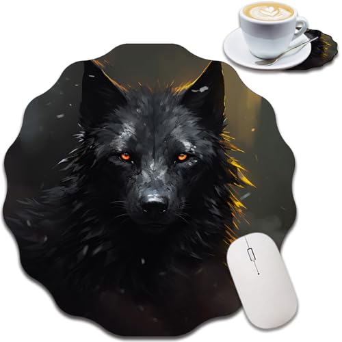 Personalisiertes Spitzenförmiges Mauspad und Untersetzer-Set, wasserdichtes und rutschfestes Mauspad-Design, geeignet für Heim- und Büro-Desktop-Dekoration, Wald, schwarzer Wolf von FOKBVNFLL