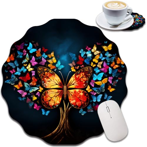 Personalisiertes Spitzenförmiges Mauspad und Untersetzer-Set, wasserdichtes und rutschfestes Mauspad-Design, geeignet für Heim- und Büro-Desktop-Dekoration, bunter Baum-Schmetterling Personalisiertes Spitzenförmiges Mauspad und Untersetzer-Set, wasserdichtes und rutschfestes Mauspad-Design, geeignet für Heim- und Büro-Desktop-Dekoration, bunter Baum-Schmetterling von FOKBVNFLL
