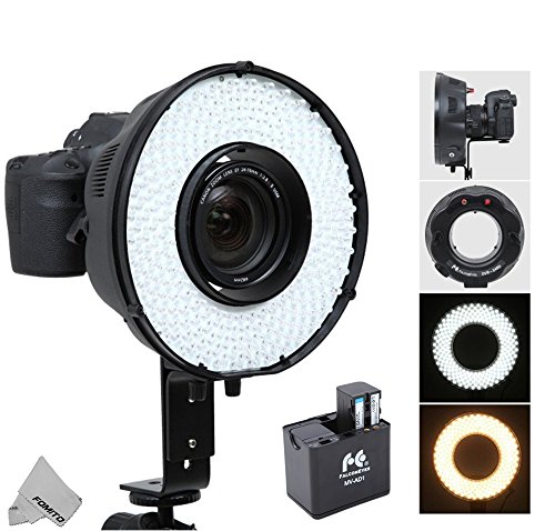 Fomito Portable LED Makro Ring Blitzlicht DVR-240 DF 3200k-6500k für Canon Nikon Sony Pentax DSLR Kameras + MV-AD1 Ersatz Akku-Box Adapter für Sony NP-F750, AA Batterien von FOMITO