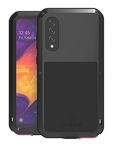 FONREST Ganzkörper Hülle für Samsung Galaxy A50(6.4-Zoll), Love MEI Schwerlast Hybride Aluminium Metall Stoßfest Schneesicher Staubdicht Case mit Hartglas, Unterstützt Wireless Charging (Schwarz) von FONREST