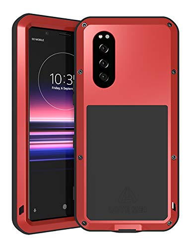 FONREST Ganzkörper Hülle für Sony Xperia 5 6,1-Zoll, Love MEI Schwerlast Hybride Aluminium Metall Stoßfest Schneesicher Staubdicht Case mit Hartglas, Unterstützt Wireless Charging (Rot) von FONREST