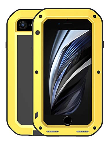 FONREST Ganzkörper Hülle für iPhone SE 2020 4,7-Zoll, Love MEI Stoßfest Schwerlast Hybride Aluminium Metall draussen Staubdicht Schneesicher Case für iPhone 8/7 mit Hartglas (Gelb) von FONREST