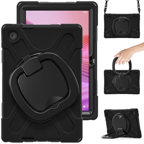 FONREST Kompatibel mit Lenovo Tab 25,7 cm (10,1 Zoll) 2025 (TB-311FU/TB-311XU), robuste Schutzhülle mit 360° drehbarem Ringgriff/Ständer, strapazierfähig, stoßfest, mit Schultergurt, Schwarz von FONREST