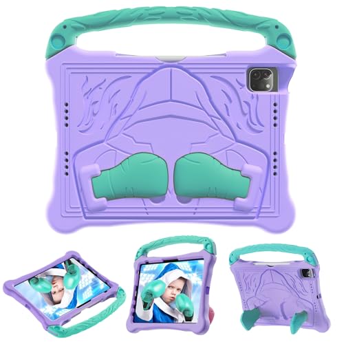 FONREST Kompatibel mit iPad Pro 27,9 cm (11 Zoll) M4 (2024) Kinder-EVA-Hülle mit Stifthalter, kinderfreundliches Box-Thema, leicht, stoßfest, mit Griffständer, A2836 A2837 (Violett/Minze) von FONREST