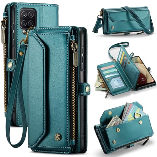 FONREST Leder-Schutzhülle für Samsung Galaxy A12, magnetisch, mit Ständer, RFID-blockierend, Kartenhalter, Geldfach, Reißverschlusstasche, Crossbody-Trageband, Handgelenkschlaufe (Blau-Grün) von FONREST