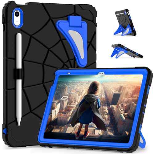 FONREST Robuste Kinderhülle für iPad (A16)/10th Generarion A3354 A3355 A2696 A2757, Doppelständer Stifthalter, stoßfeste kinderfreundliche Rüstung Hybrid Heavy Duty harte Kinderhülle (Schwarz/Blau) von FONREST