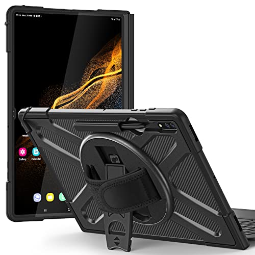 FONREST Robuste Schutzhülle für Samsung-Galaxy-Tab-S8-Ultra-14,6'' 2022 (SM-X900/X906) mit Ständer und Stifthalter, Tragbare Hybrid Case mit 360° drehbarem Klettverschluss, kompatibel mit Tastatur von FONREST
