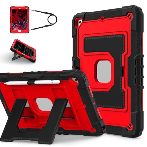 FONREST Robuste Schutzhülle für iPad 10,2 Zoll (25,9 cm) 9. / 8. / 7. Generation A2602/3/4/5, mit breitem stabilem Ständer, Stifthalter, strapazierfähig, stoßfest, mit Schultergurt, Schwarz und Rot von FONREST