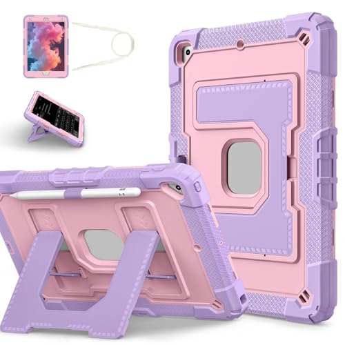 FONREST Robuste Schutzhülle für iPad 10,2 Zoll (25,9 cm) 9. / 8. / 7. Generation A2602/3/4/5, mit breitem stabilem Ständer, Stifthalter, strapazierfähig, stoßfest, mit Schultergurt, Violett + Roségold von FONREST