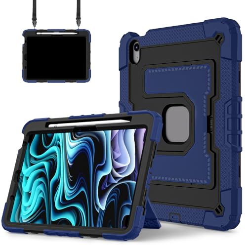 FONREST Robuste Schutzhülle für iPad Air 27,9 cm (11 Zoll) M3/M2 4. / 5. Generation, mit breitem Standfuß, Stifthalter, strapazierfähig, stoßfest, mit Schultergurt, Marineblau + Schwarz von FONREST
