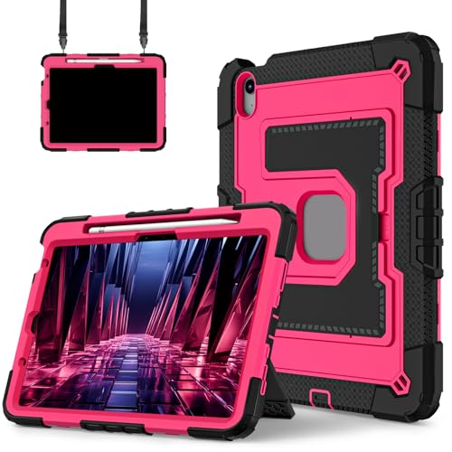 FONREST Robuste Schutzhülle für iPad Air 27,9 cm (11 Zoll) M3/M2 4. / 5. Generation, mit breitem Standfuß, Stifthalter, strapazierfähig, stoßfest, mit Schultergurt, Schwarz und Rosa von FONREST