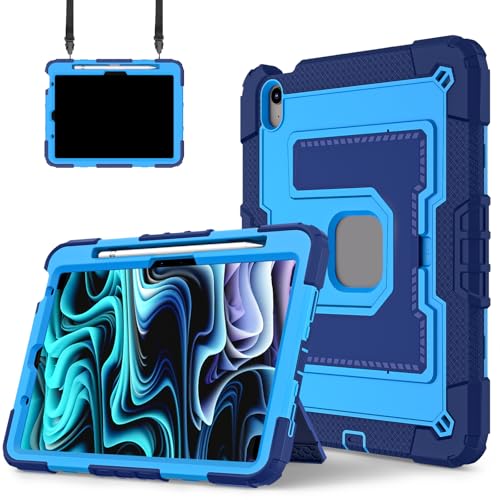 FONREST Robuste Schutzhülle für iPad Air 27,9 cm (11 Zoll) M3/M2 4. / 5. Generation, mit breitem stabilem Ständer, Stifthalter, strapazierfähig, stoßfest, mit Schultergurt, A3266/7, Marineblau + Blau von FONREST