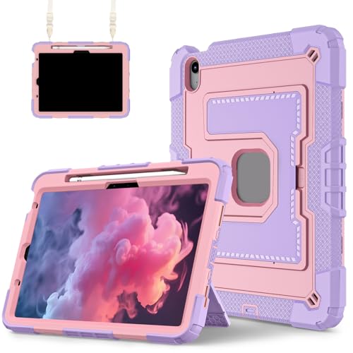 FONREST Robuste Schutzhülle für iPad Air 27,9 cm (11 Zoll) M3/M2 4. / 5. Generation, mit breitem stabilem Ständer, Stifthalter, strapazierfähig, stoßfest, mit Schultergurt, A3266/7, Violett + Roségold von FONREST