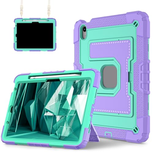 FONREST Robuste Schutzhülle für iPad Air 27,9 cm (11 Zoll) M3/M2 4. / 5. Generation, mit breitem stabilem Ständer, Stifthalter, strapazierfähig, stoßfest, mit Schultergurt, A3266/7, Violett + Minzgrün von FONREST