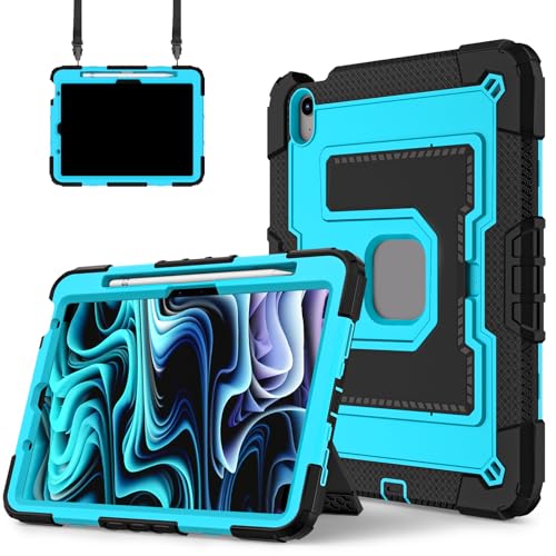 FONREST Robuste Schutzhülle für iPad Air 27,9 cm (11 Zoll) M3/M2 4. / 5. Generation, mit breitem stabilem Ständer, Stifthalter, strapazierfähig, stoßfest, mit Schultergurt, A3266/7 (Schwarz + Blau) von FONREST
