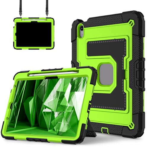FONREST Robuste Schutzhülle für iPad Air 27,9 cm (11 Zoll) M3/M2 4. / 5. Generation, mit breitem stabilem Ständer, Stifthalter, strapazierfähig, stoßfest, mit Schultergurt, A3266/7 (Schwarz und Grün) von FONREST
