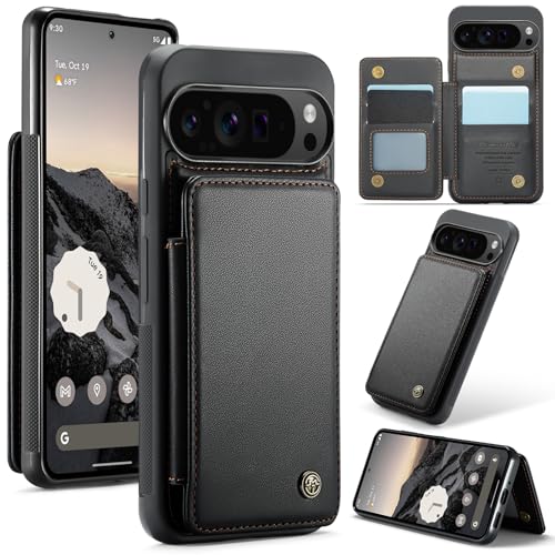 FONREST Schlanke Schutzhülle für Google Pixel 9 Pro XL, mit RFID-blockierenden Kartenhaltern, Flip-Panel/Ständer, stoßfestes TPU + PU-Leder, Rückseite mit magnetischen Druckknöpfen, Schwarz von FONREST
