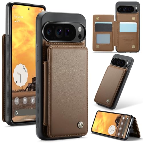 FONREST Schutzhülle für Google Pixel 9 Pro XL, dünn, mit RFID-blockierenden Kartenhaltern, Flip-Panel/Ständer, stoßfestes TPU + PU-Leder, Rückseite mit Magnetknöpfen, Braun von FONREST