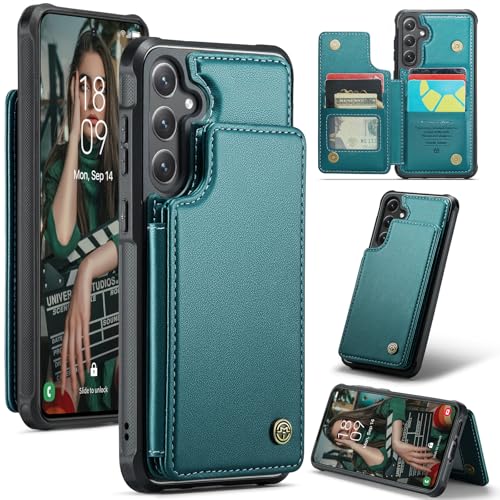 FONREST Schutzhülle für Samsung-Galaxy-S24-FE Schlanke Rückseiten-Schutzhülle mit RFID-blockierenden Kartenhaltern, Flip-Panel/Ständer, stoßfestes TPU + PU-Leder, Rückseite mit Magnetknöpfen von FONREST