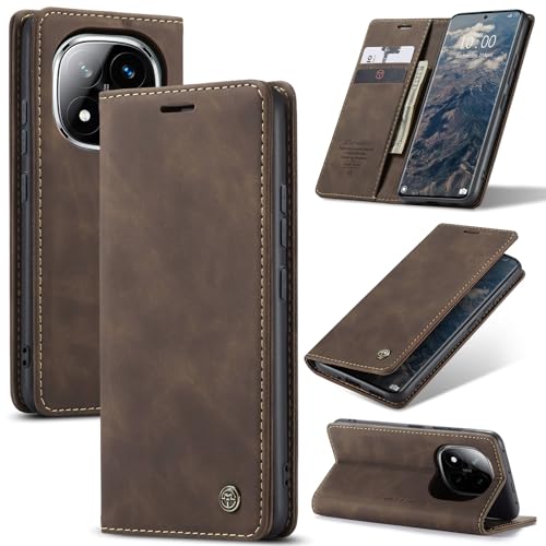FONREST Schutzhülle für Xiaomi Redmi Note 14 Pro 5G, Wildleder-PU-Kunstleder, ultradünn, Klappetui, stoßfest, matt, mit Ständer, 2 Kartenfächern, 1 Geldfach, Magnetverschluss (Kaffee) von FONREST