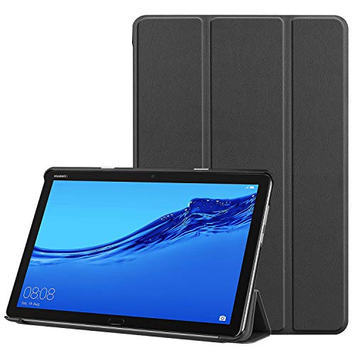 Faltbar Stand Leder Hülle für Huawei MediaPad T5, 10-Zoll Folio PU Ultra Slim Fit Schutz Auto Schlaf/Wach Magnetisch Flip Tablette Fall für Media Pad T5 10.1 2018 Schale mit Ständer (Schwarz) von FONREST