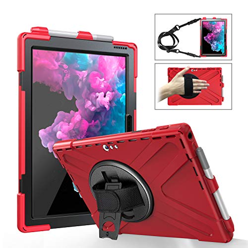 Fonrest Schutzhülle für Microsoft Surface Pro 7 Plus (2021)/Pro 7/Pro 6/Pro 5/Pro 4/Pro LTE mit Stifthalter, stoßfeste Hybrid-Schale mit 360° drehbarem Handgriff, Schultergurt (rot) von FONREST