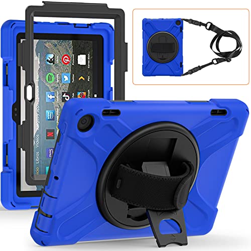 Robuste Schutzhülle für Amazon-Kindle-Fire-HD-8 & 8-Plus Tablet (12. Generation 2022), mit 360° drehbarem Ständer und Stylus-Halterung, strapazierfähig, stoßfest, mit Hand-/Schultergurt, Blau von FONREST