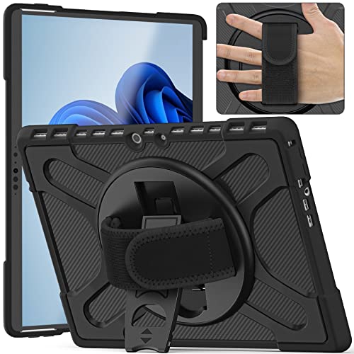 Robuste Schutzhülle mit Ständer für Microsoft-Surface-Pro-8 13'' 2021 (Modell: 1983), Hybrid-Hülle Stoßfeste Fall mit 360° drehbarem Handgriff, kompatibel mit Typ-Cover-Tastatur (Schwarz) von FONREST