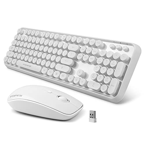 FOPETT Kabellose Tastatur und Maus, 104 Tasten, volle Größe, 2,4 GHz, runde Tastenkappe, bunte Tastaturen, USB-Empfänger, Plug-and-Play, für Windows, Mac, PC, Laptop, Desktop, Grau / Bunt (Weiß) von FOPETT