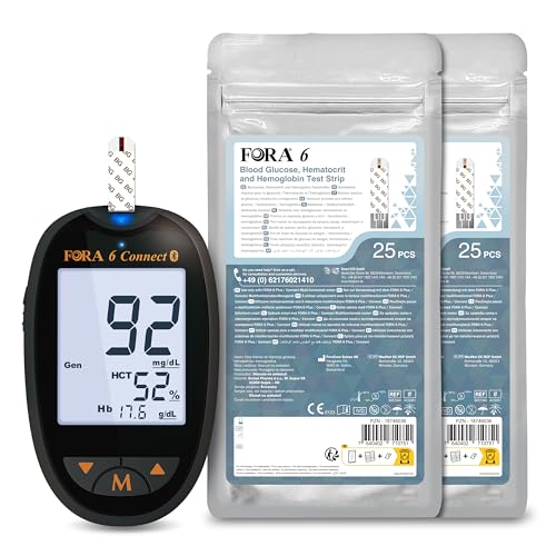 FORA Blutzuckermessgerät (mg/dl) set mit 25 Stück, einzeln verpackt Blutzucker-, Hämatokrit- und Hämoglobin-Teststreifen (3-in-1: BG, HCT, HB)*2 von FORA
