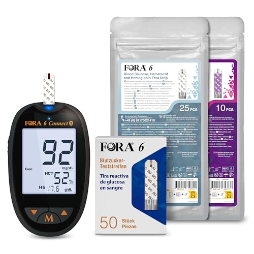 FORA Blutzuckermessgerät (mg/dl) set mit 50 pcs Blutzucker-Teststreifen, 25 Stück, einzeln verpackt Blutzucker-, Hämatokrit- und Hämoglobin-Teststreifen (3-in-1), 10 pcs β Keton Teststreifen von FORA