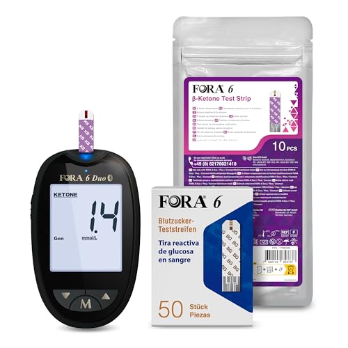 FORA Duo 2-in-1 (Blutzucker, Keton) Bluetooth Blutzuckermessgerät mit 60 Blutzucker-Teststreifen und 10 Keton-Teststreifen von FORA