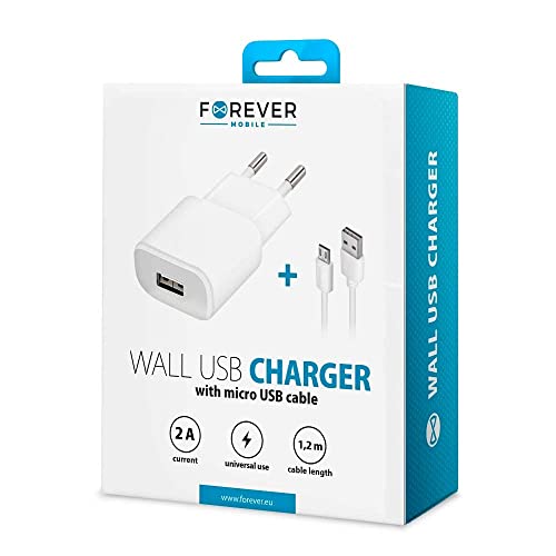 Forever Ladegerät USB Port mit 1.2 m Lange Micro USB Ladekabel, Netzteil für iPhone Geräte, Lade Adapter, Steckdosenadapter Wandladegerät Fast Charge (Weiß) von FOREVER