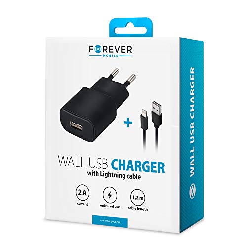 Forever Ladegerät USB Port mit 1.2 m Lange Lightning Ladekabel, Schnellladegerät 2A, Netzteil für iPhone Geräte, Lade Adapter, Steckdosenadapter Wandladegerät Fast Charge (Schwarz) von FOREVER