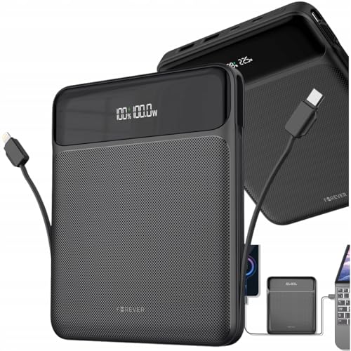 Forever Laptop Powerbank 20000mAh 100W Schwarz – Powerbank USB C mit integriertem Lightning Kabel - 5 Ladeanschlüsse - Schnellladefunktion für Laptop & Smartphone - LED-Display - Kompakt & Leicht von FOREVER