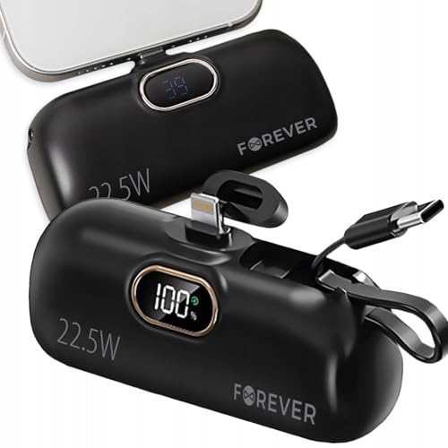 Forever Power Bank Mini Lightning Schwarz 5000mAh - Powerbank Schnellladefunktion und Pass-Through - Akku Handy Powerbank Leicht - Mini Power Bank Klein mit LED-Display - Ideal für Unterwegs von FOREVER