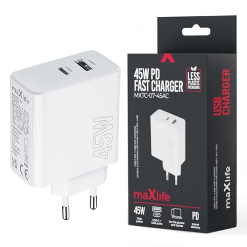 MaxLife Schnellladegerät, 1x USB-C,1x USB Ladegerät, 45W, Power Delivery und Quick Charge für iPhone Samsung, Xiaomi Handy, Ladeadapter, Wandladegerät Steckdosenadapter, weiß von FOREVER